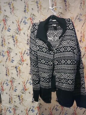 Foxcroft Black and White Fair Isle Shawl Collar Cardigan